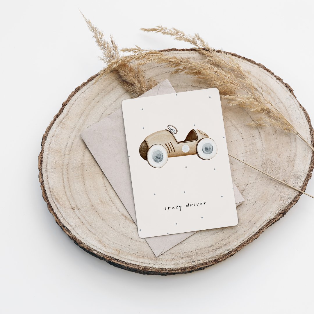 Eigenproduktion Postkarte "crazy driver" - Würfel & Mütze