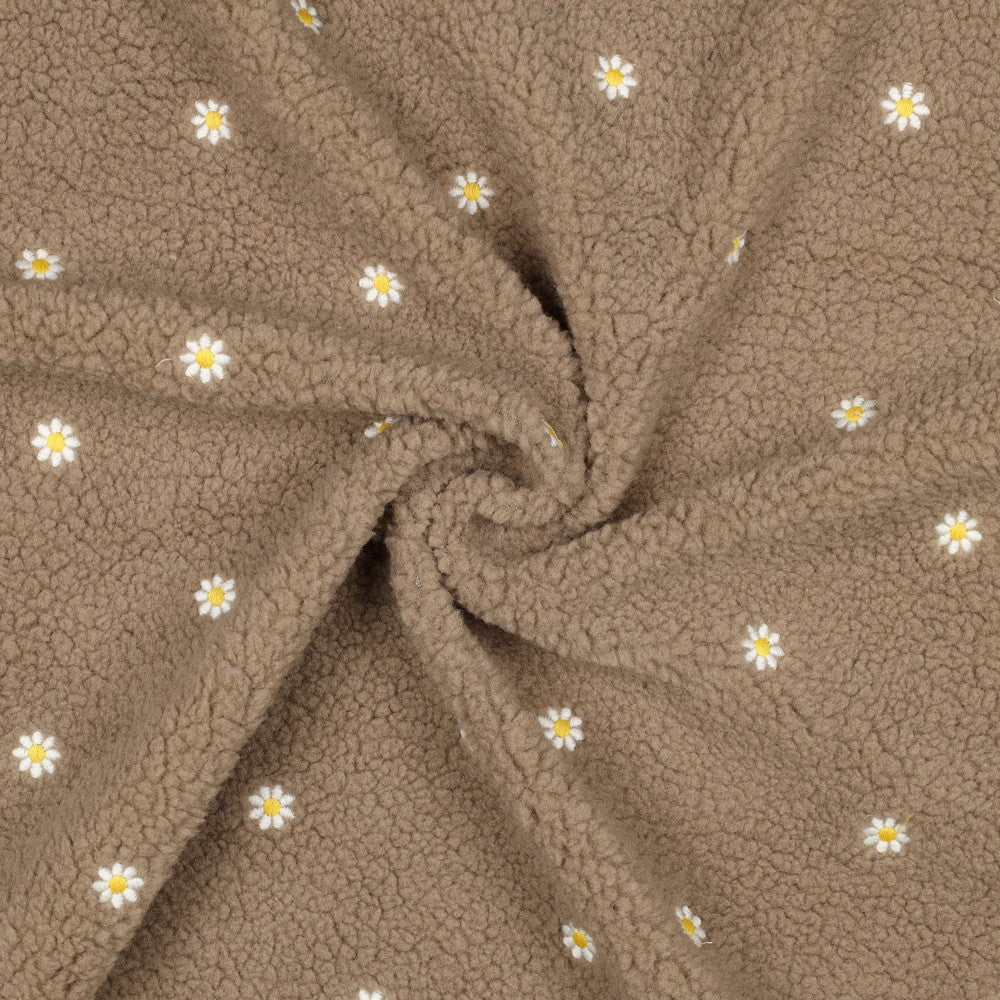 Teddystoff &quot;Embroidery Flowers&quot; Taupe - Würfel &amp; Mütze