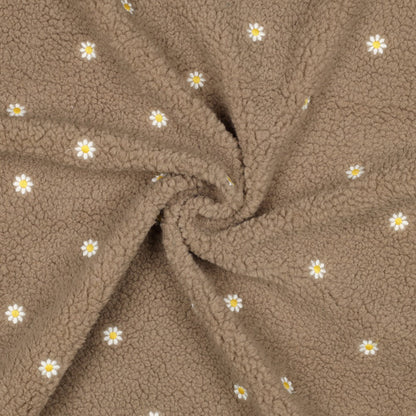 Teddystoff &quot;Embroidery Flowers&quot; Taupe - Würfel &amp; Mütze