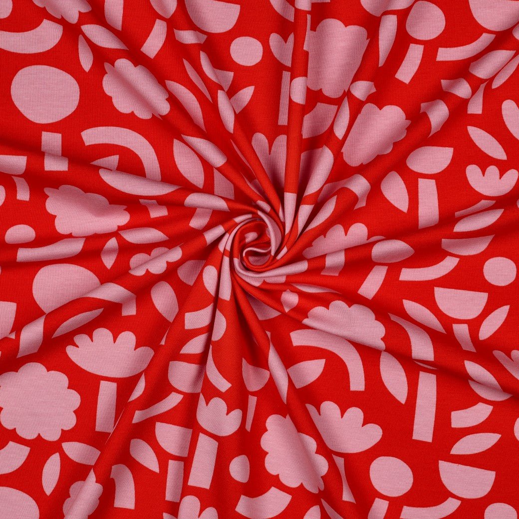 Bio Jersey Flowers Red Jennifer Bouron - Würfel &amp; Mütze