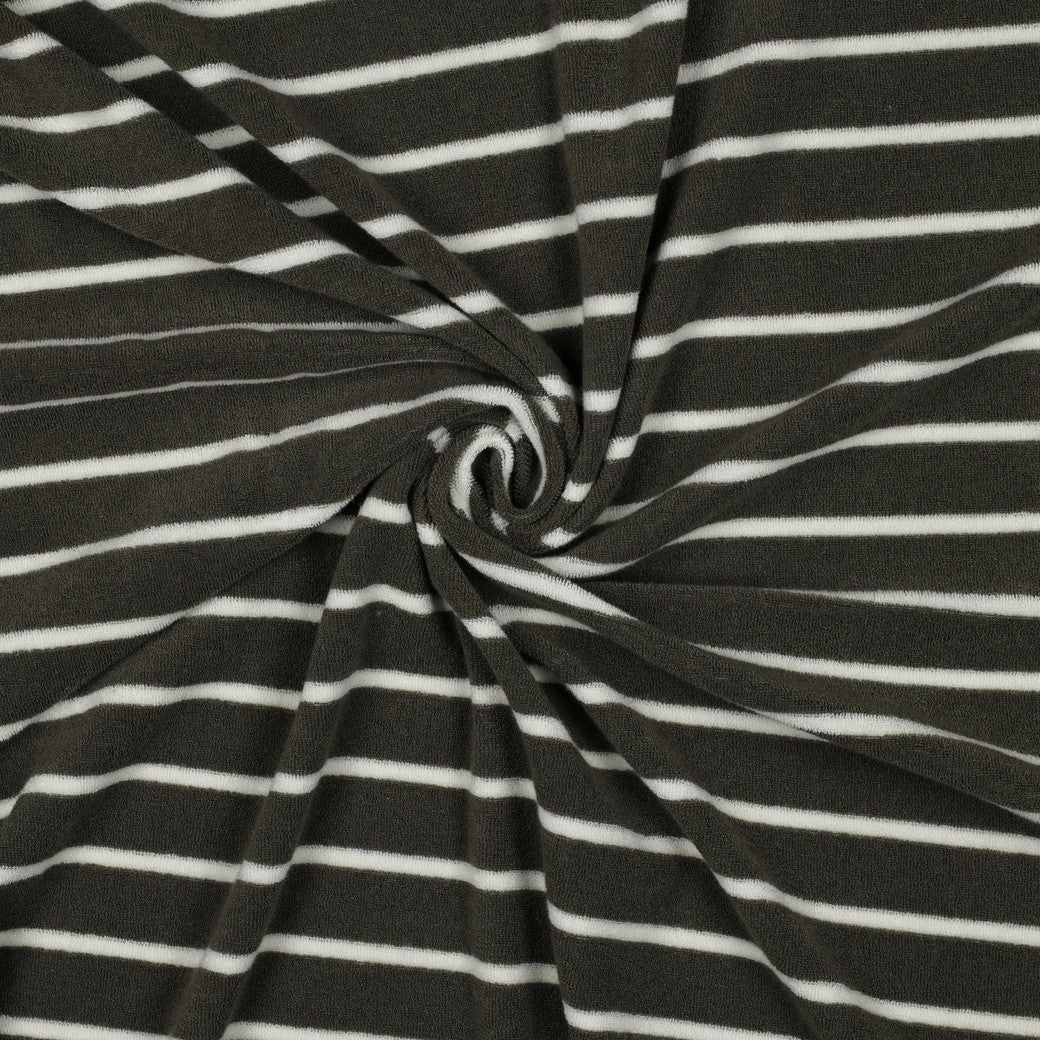 Frotteestoff Stretch Stripes Armeegrün x Ecru - Würfel &amp; Mütze