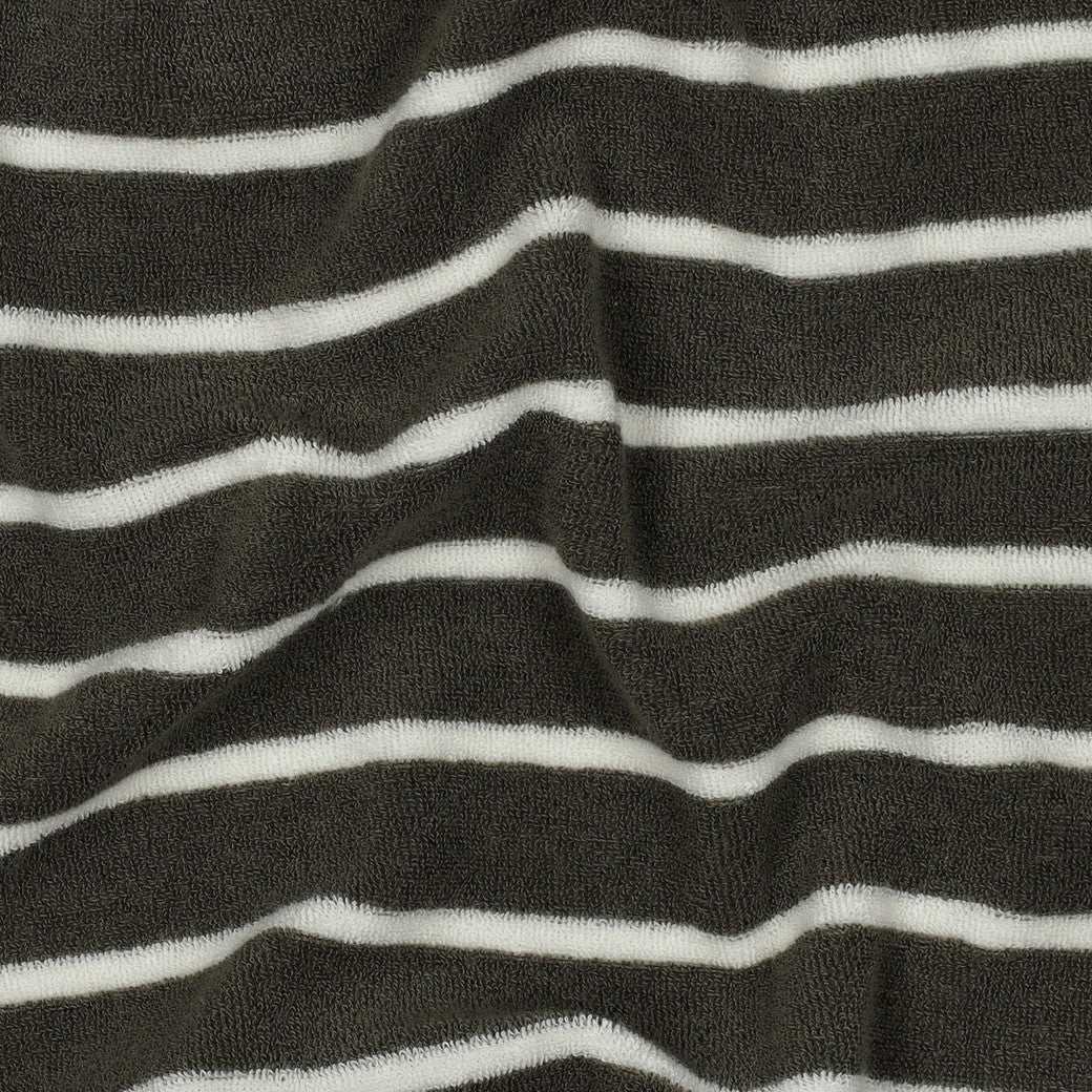Frotteestoff Stretch Stripes Armeegrün x Ecru - Würfel &amp; Mütze