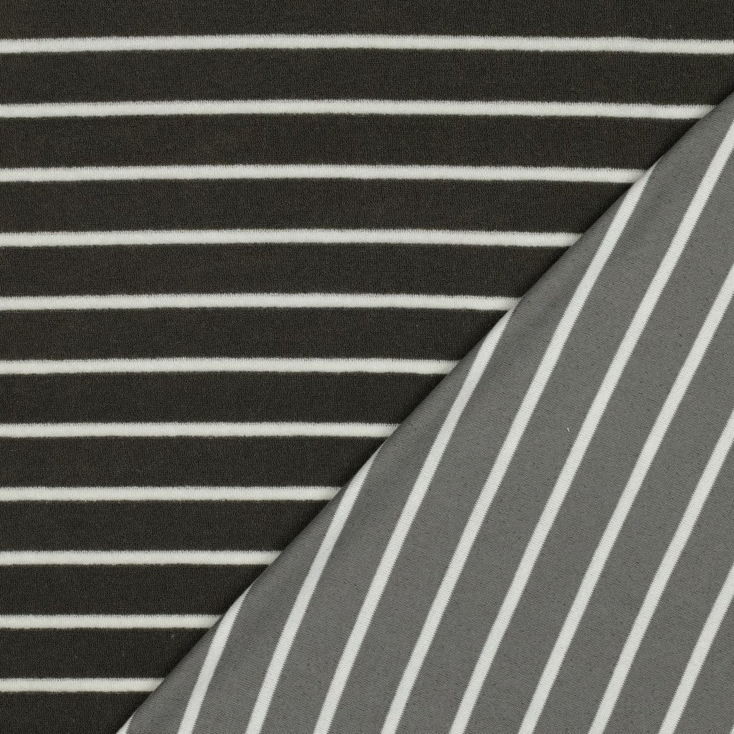 Frotteestoff Stretch Stripes Armeegrün x Ecru - Würfel &amp; Mütze