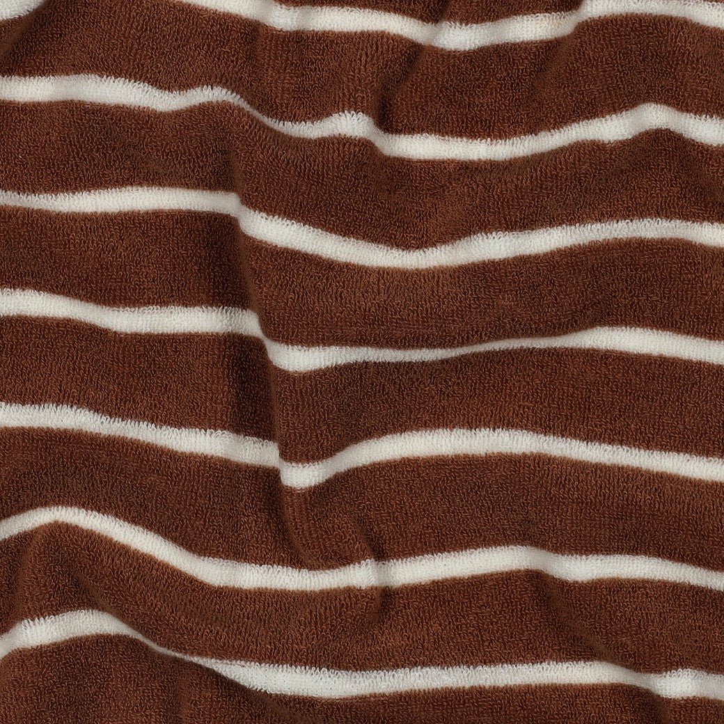 Frotteestoff Stretch Stripes Camel x Ecru - Würfel &amp; Mütze