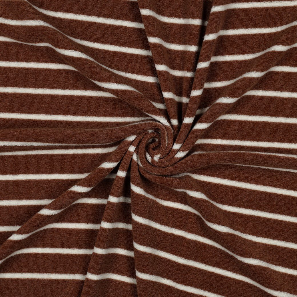 Frotteestoff Stretch Stripes Camel x Ecru - Würfel &amp; Mütze