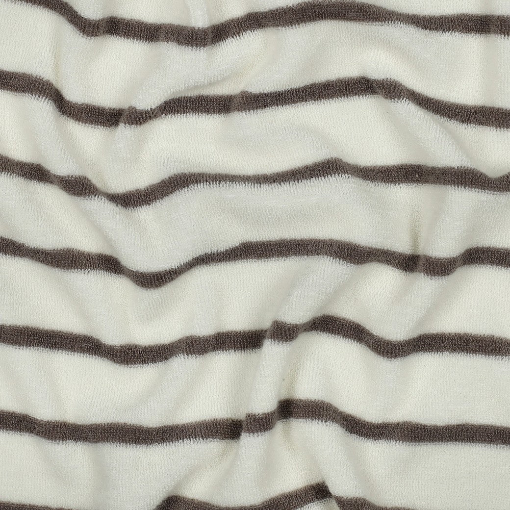 Frotteestoff Stretch Stripes Taupe x Ecru - Würfel &amp; Mütze