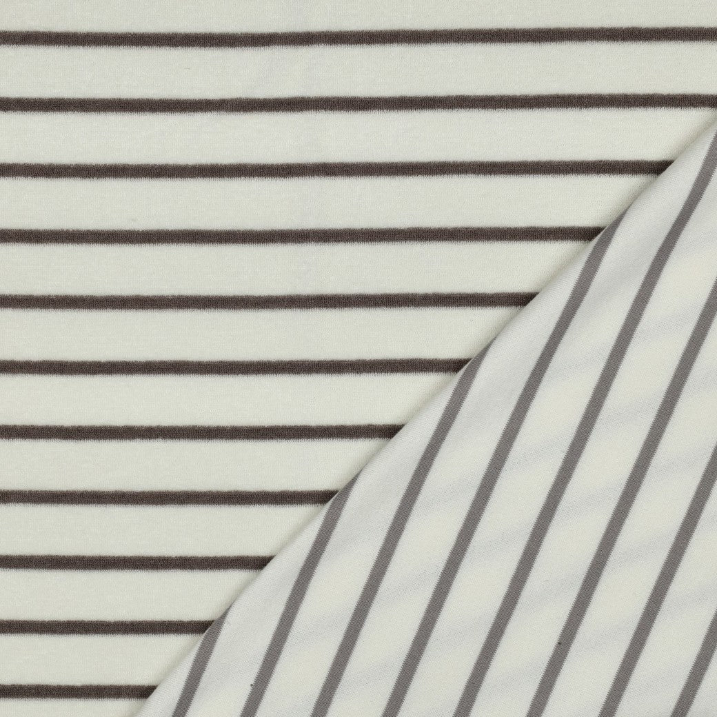 Frotteestoff Stretch Stripes Taupe x Ecru - Würfel &amp; Mütze