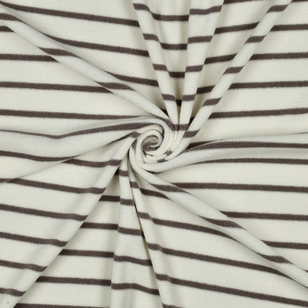 Frotteestoff Stretch Stripes Taupe x Ecru - Würfel &amp; Mütze