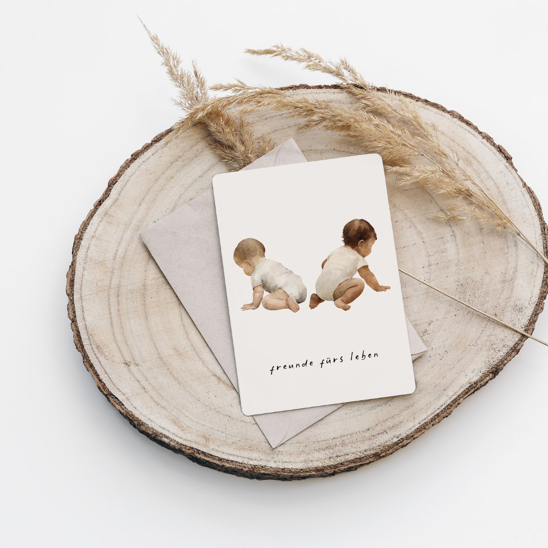 Eigenproduktion Postkarte &quot;Freunde fürs Leben&quot; - Würfel &amp; Mütze