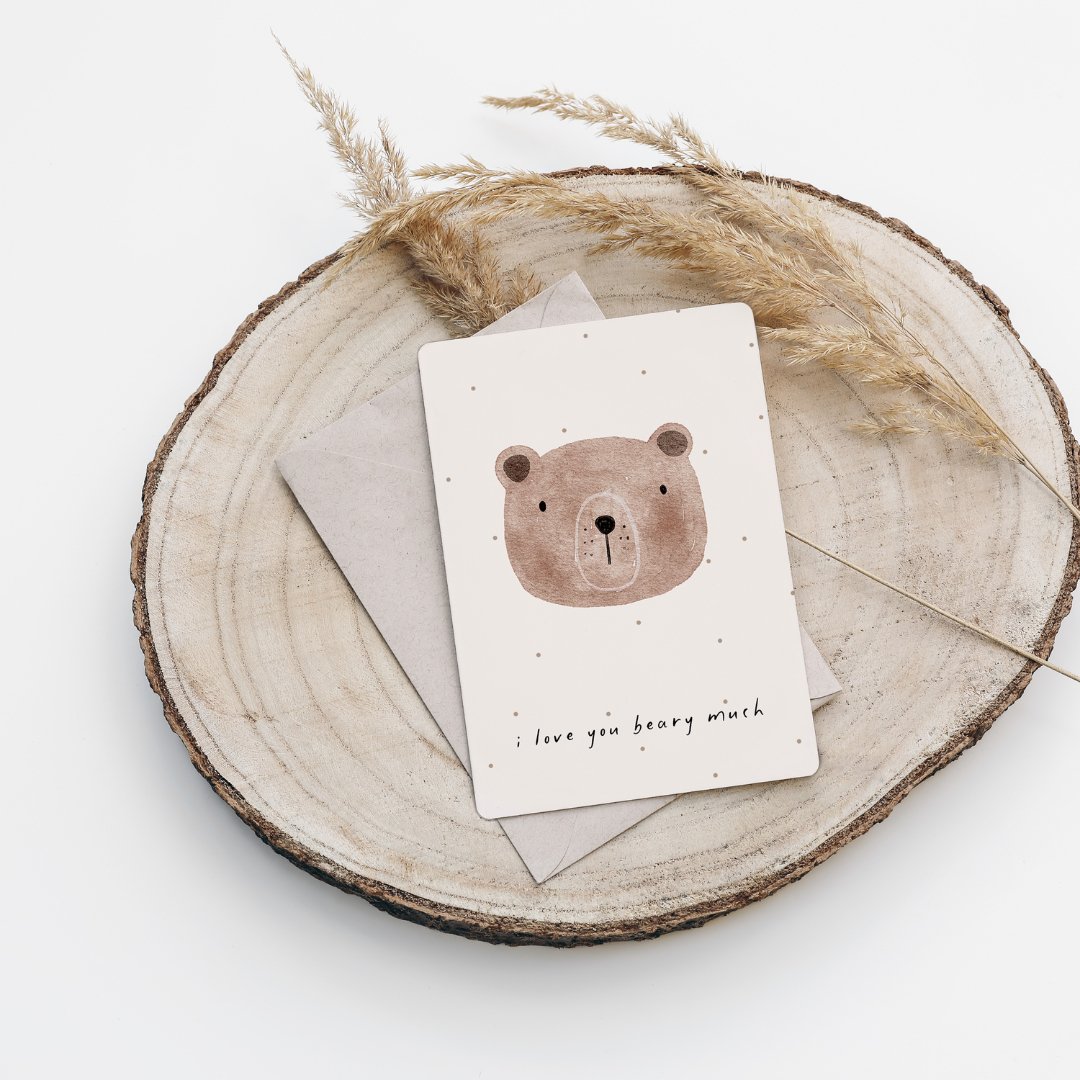 Eigenproduktion Postkarte &quot;I love you beary much&quot; - Würfel &amp; Mütze